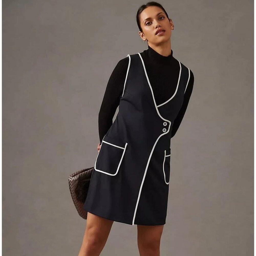 NWT Anthropologie Maeve Pinafore Wrap Dress Black White Trim Size XS